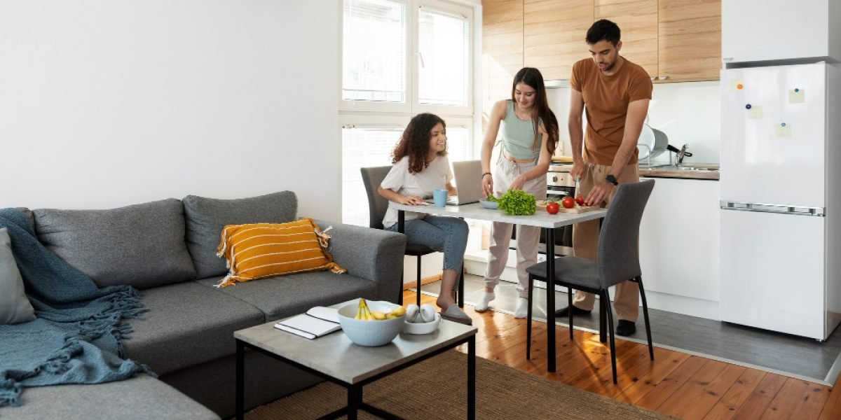 homem, mulher e filha adolescente reunidos na mesa de jantar da cozinha compacta de seu apartamento pequeno e bem iluminado.