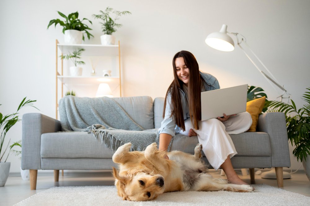 Foto mulher com cachorro em apartamento.