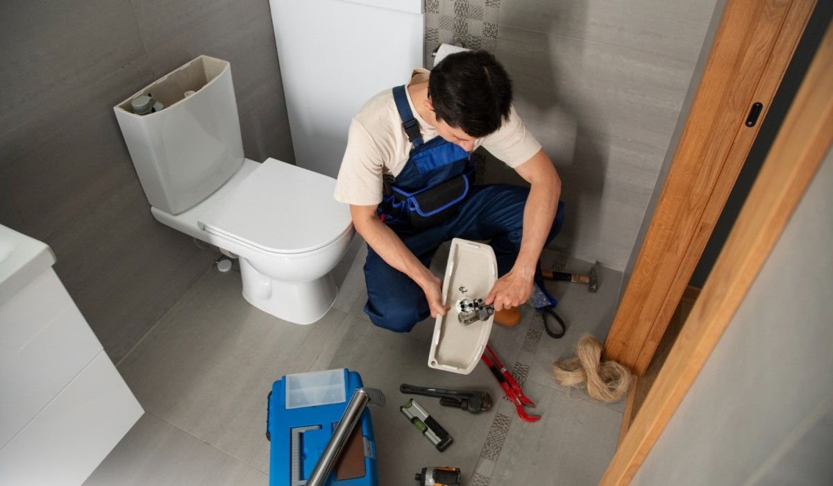 Encanador trabalhando em banheiro. A imagem mostra um profissional de macacão azul realizando a manutenção de um vaso sanitário. O banheiro é simples, com paredes de azulejo cinza e porta de madeira. Ferramentas e uma caixa de ferramentas estão espalhadas pelo chão ao lado do encanador. A cena destaca o processo de reparo e manutenção residencial.

