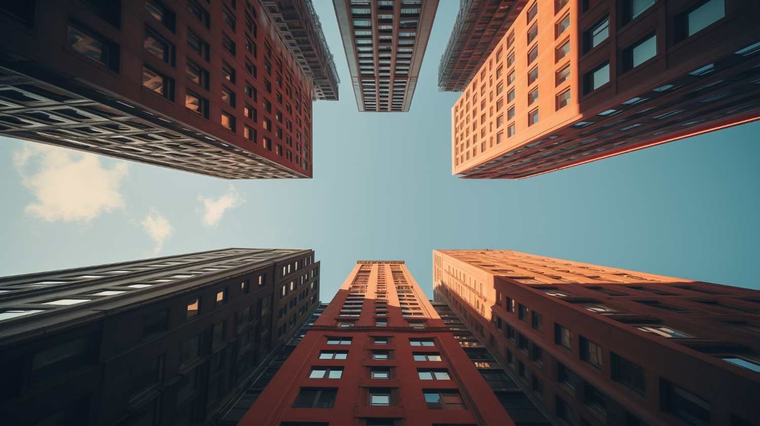 Perspectiva de baixo para cima de vários arranha-céus em tons de laranja e marrom, com o céu azul ao fundo entre os edifícios.