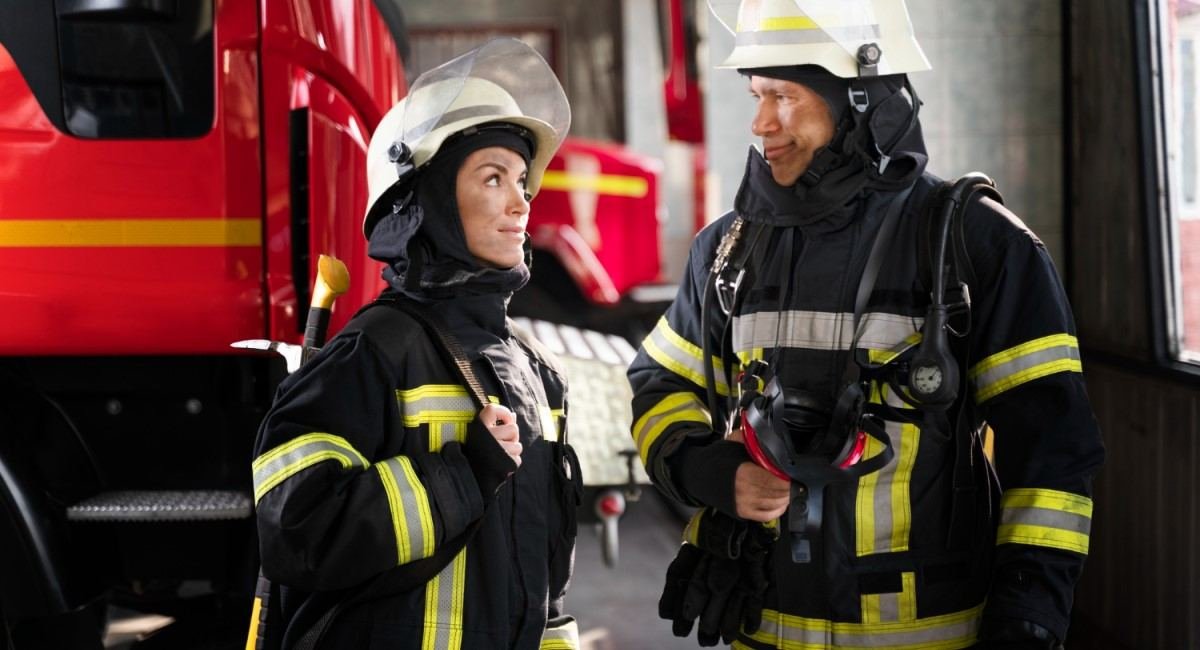 Bombeiros em conversa ao lado do caminhão.