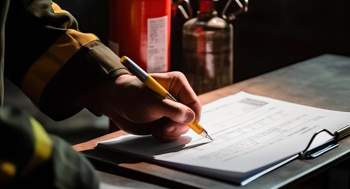 Bombeiro assinando documento com extintores ao fundo.