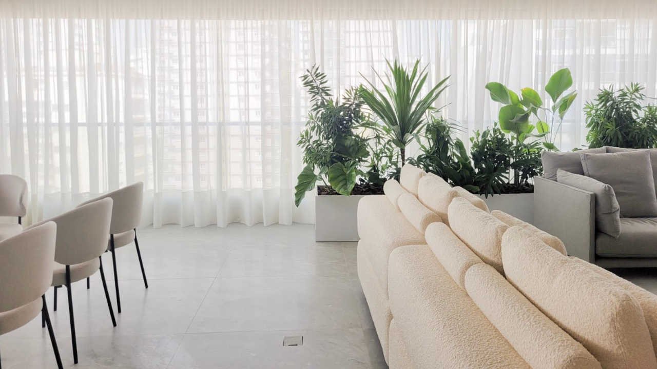 Sala de estar clara com sofás aconchegantes e plantas decorativas.