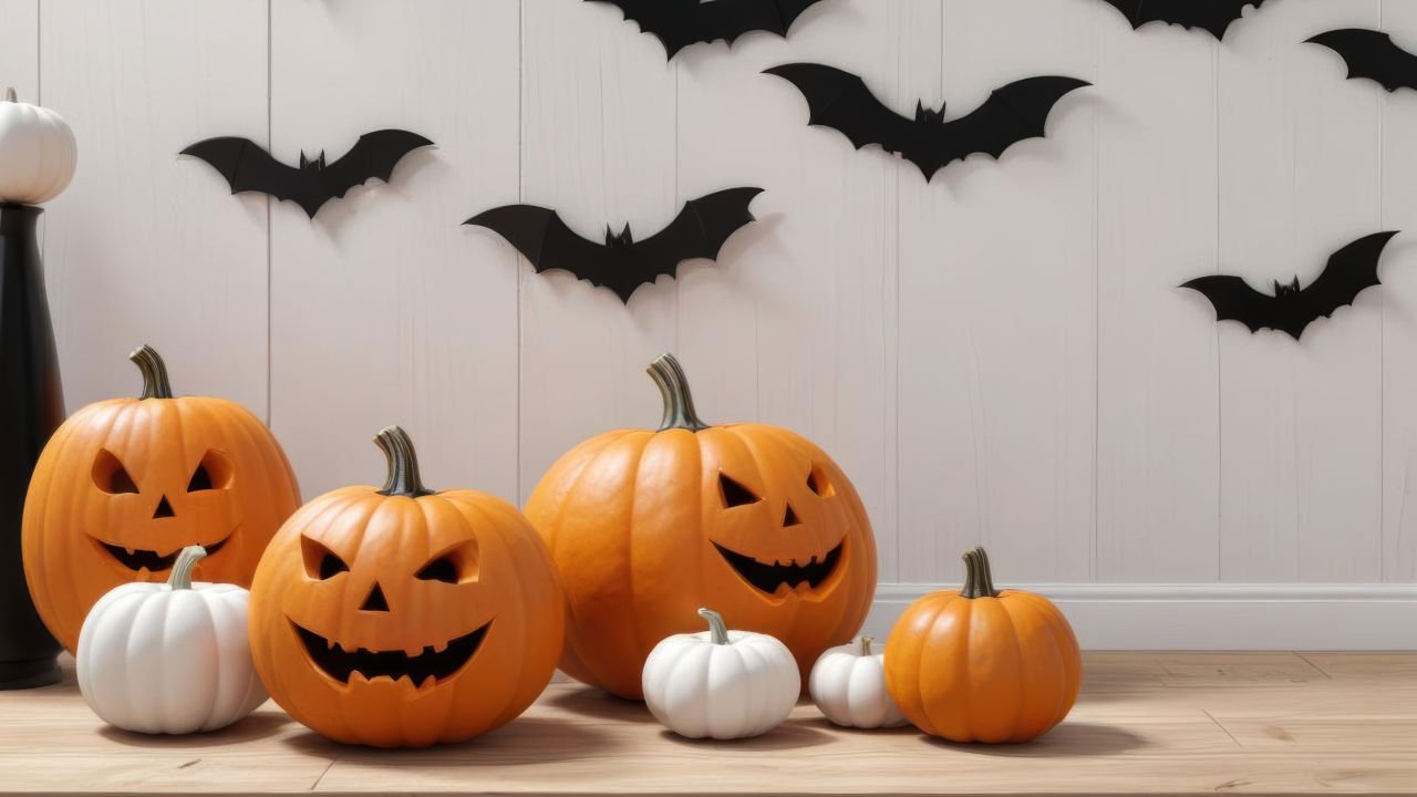 Abóboras de decoração esculpidas e morcegos em uma decoração de Halloween.