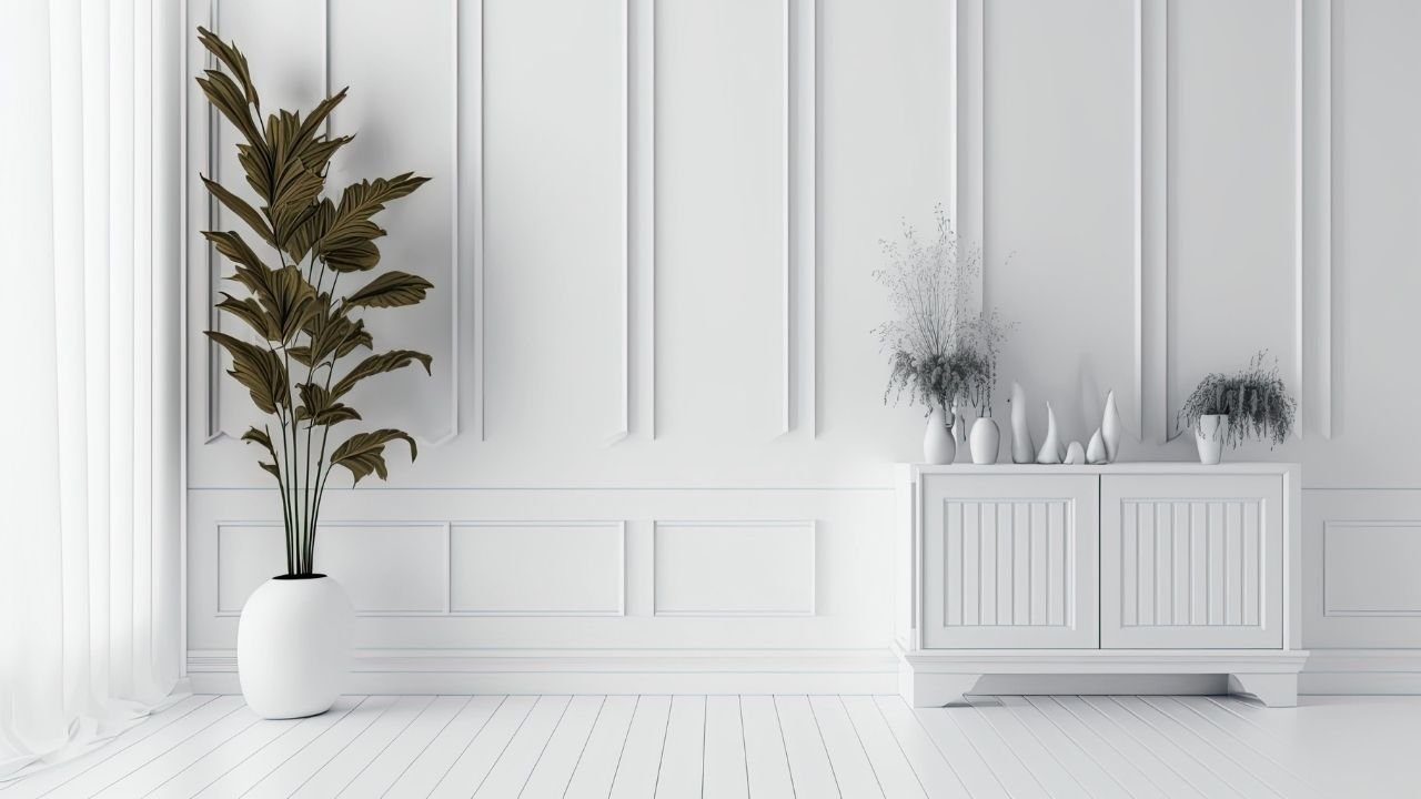 sala minimalista com parede branca decorada com boiserie clássica e planta ornamental.