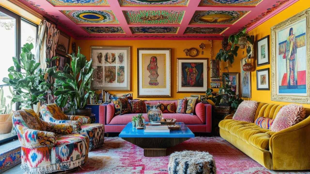 Sala de estar decorada com móveis coloridos, paredes amarelas, obras de arte modernas no teto e na parede, além de plantas verdes, criando um ambiente vibrante e acolhedor.