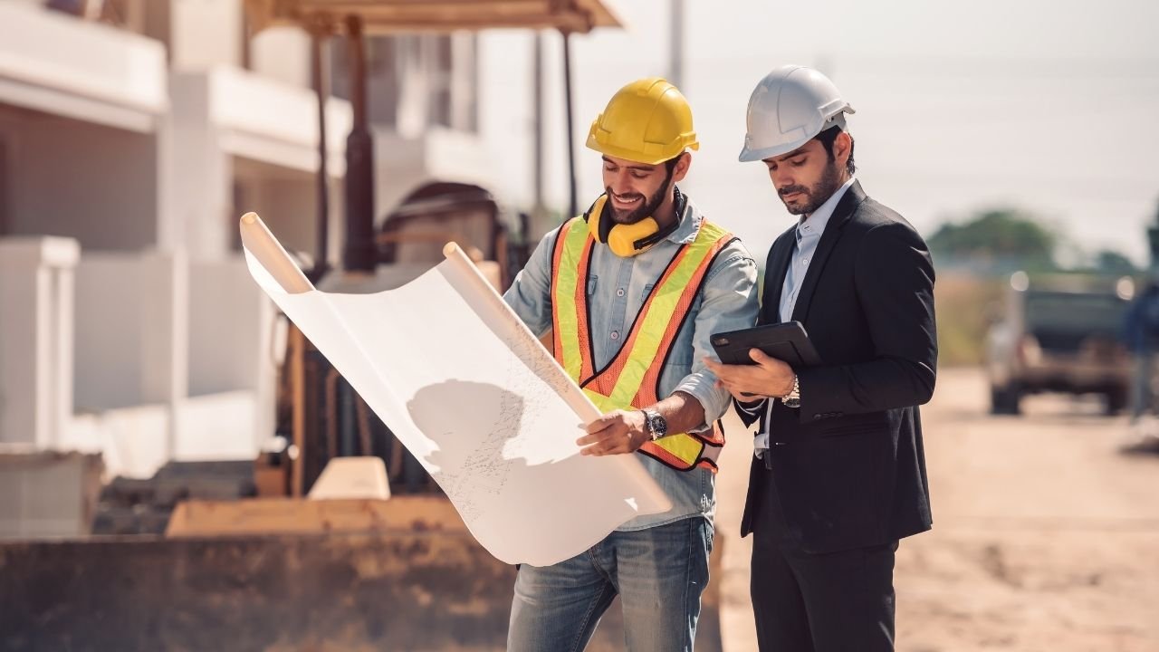 Engenheiro e mestre de obras analisando planta no canteiro.