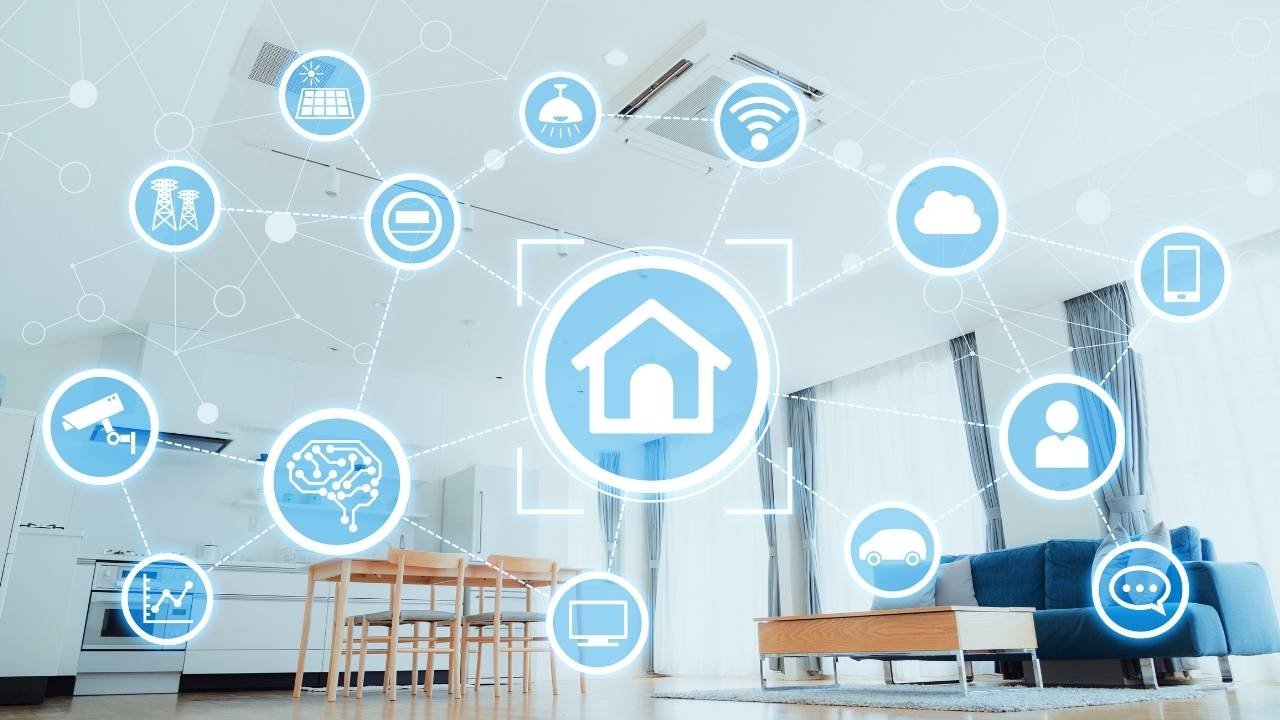 Conceito de casa inteligente com ícones conectados em uma sala moderna.