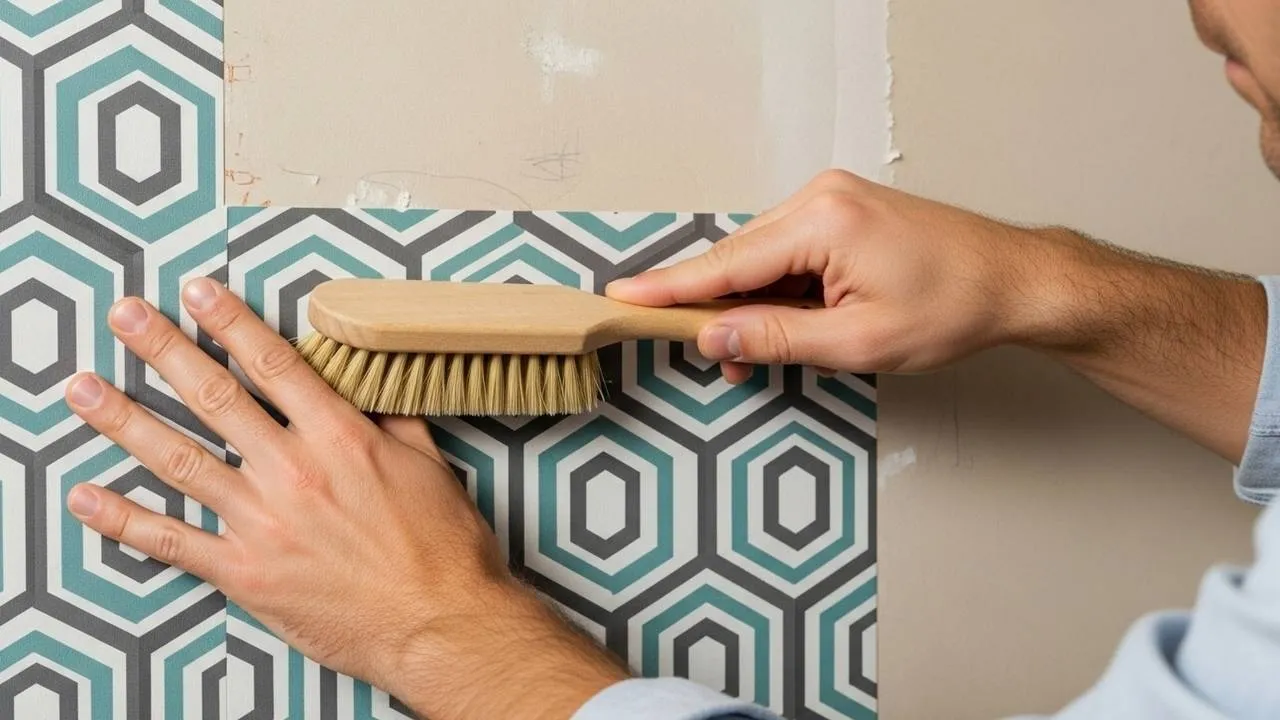Close das mãos de um aplicador utilizando uma escova de cerdas naturais para alisar e remover bolhas de um papel de parede com estampa de hexágonos verdes e cinzas.