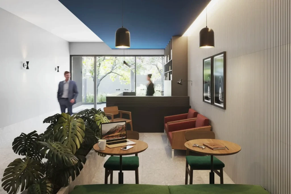 Perspectiva ilustrada do lobby coworking do empreendimento La Vida Estilo Barroco Studios